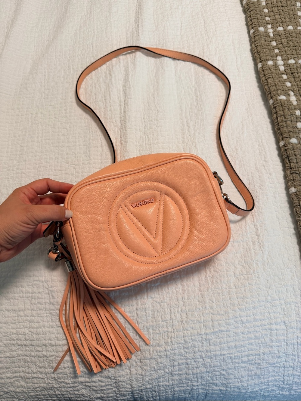 Valentino Peach Leather V-Logo Crossbody with Tassel
